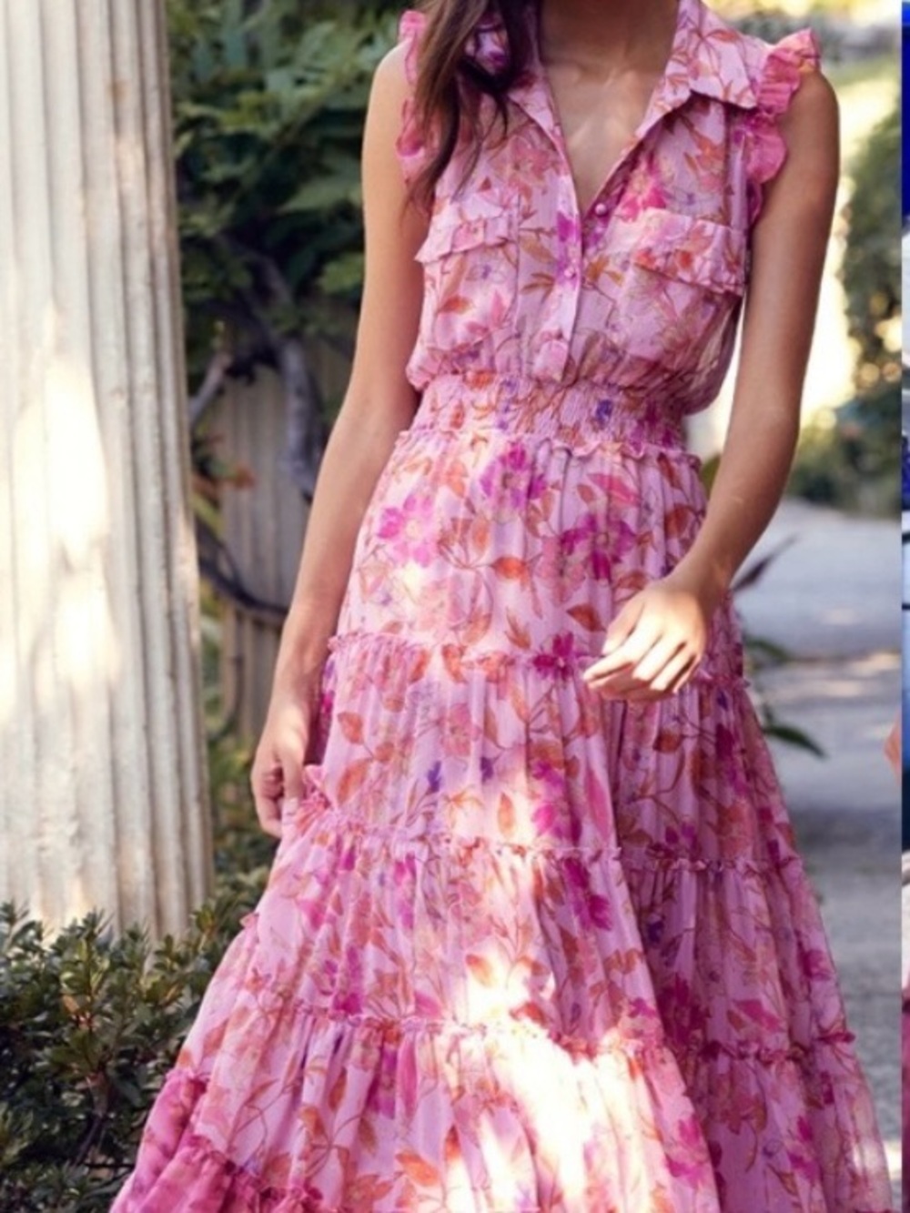 MISA Los Angeles EUC XL Pink & Coral Floral Maxi Dress w/ Gold Detailing tiered